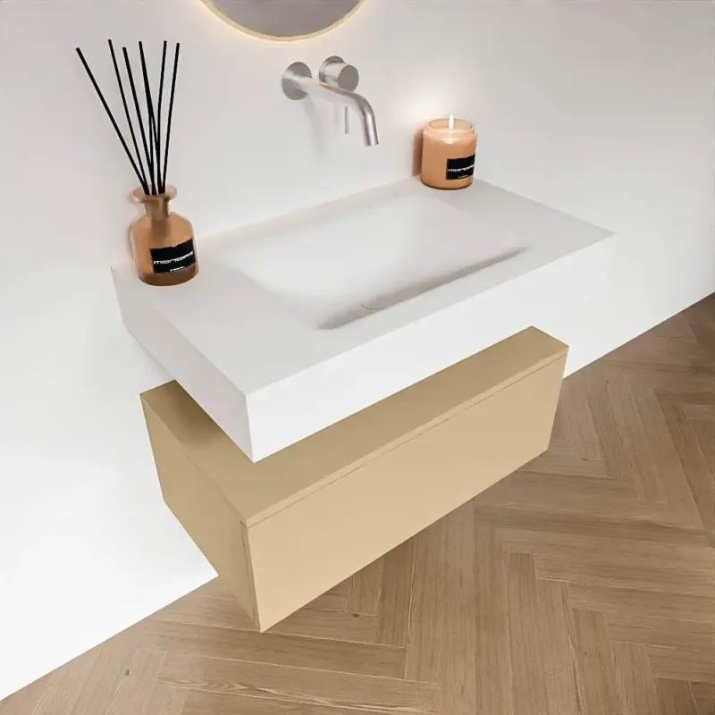 Zaro Alan badmeubel 80cm sand met 1 lade en vrijhangende wastafel midden zonder kraangat wit mat Express Levering