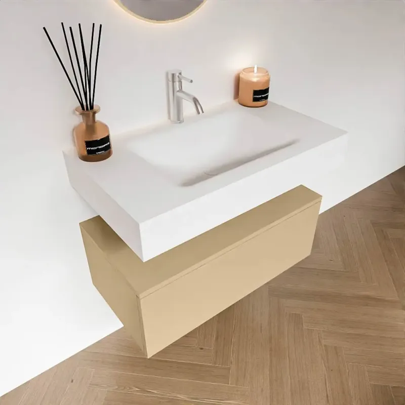 Tijdelijk Beschikbaar Zaro Alan badmeubel 80cm sand met 1 lade en vrijhangende wastafel midden met kraangat wit mat