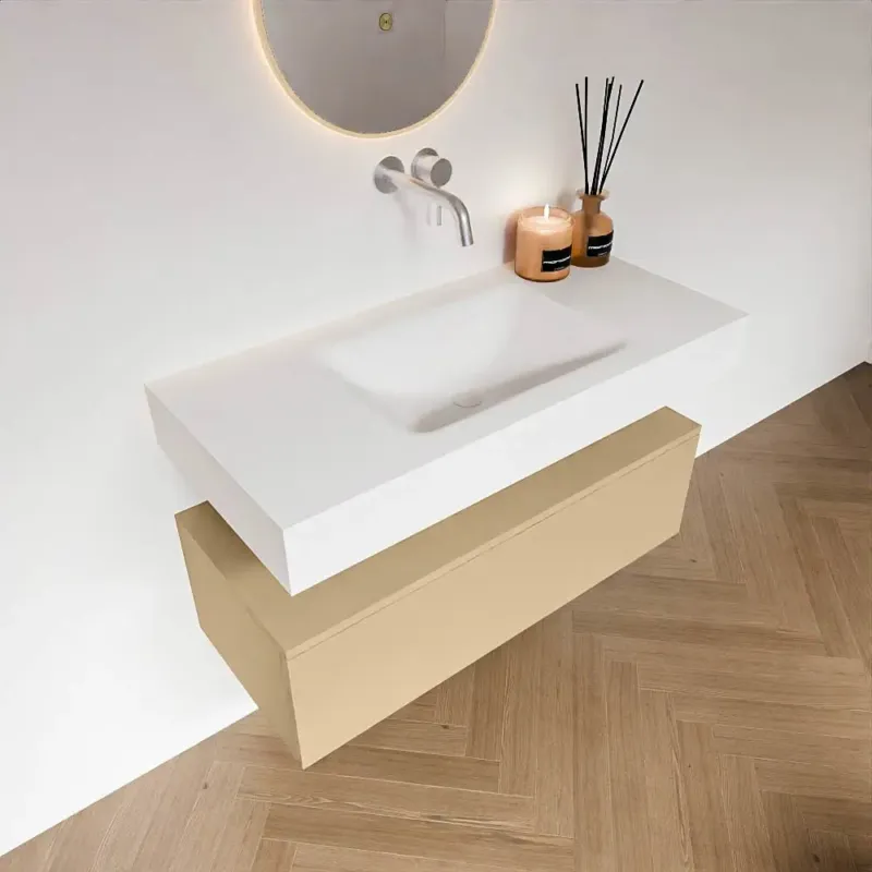 Zaro Alan badmeubel 100cm sand met 1 lade en vrijhangende wastafel midden zonder kraangat wit mat Gecertificeerd