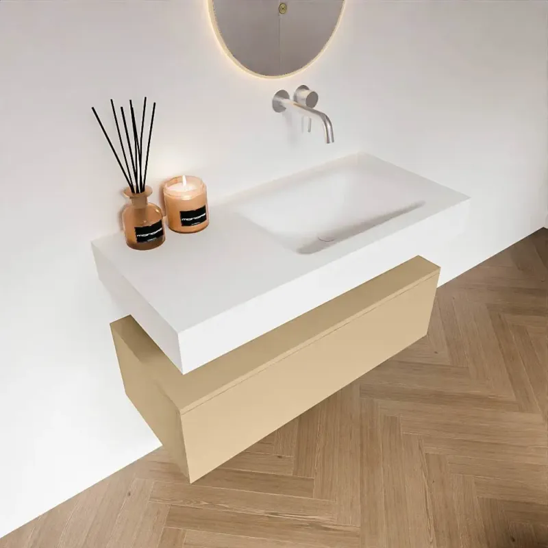 Zaro Alan badmeubel 100cm sand met 1 lade en vrijhangende wastafel rechts zonder kraangat wit mat Weekendaanbieding
