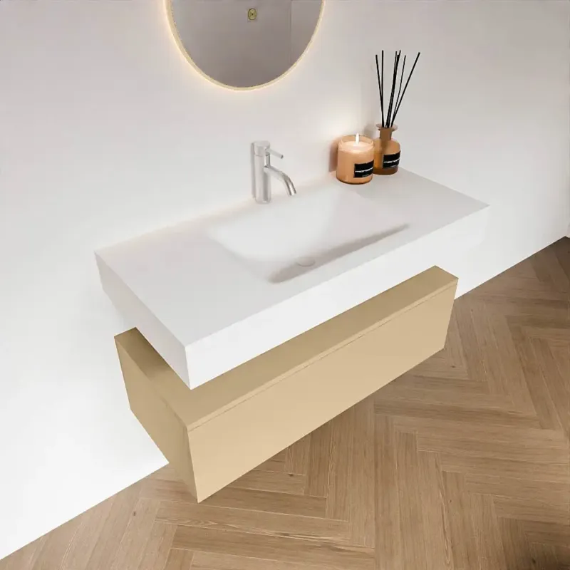 Koop Online Zaro Alan badmeubel 100cm sand met 1 lade en vrijhangende wastafel midden met kraangat wit mat