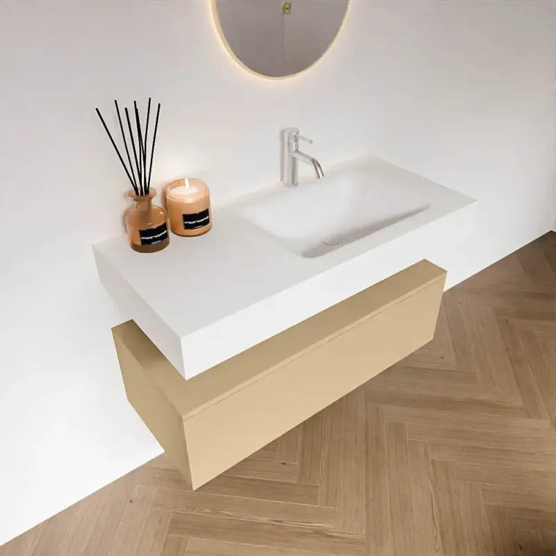 Zaro Alan badmeubel 100cm sand met 1 lade en vrijhangende wastafel rechts met kraangat wit mat Meest Verkocht