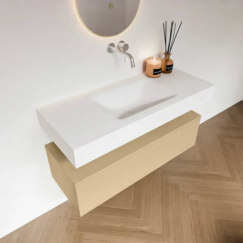 Flitsaanbieding Zaro Alan badmeubel 110cm sand met 1 lade en vrijhangende wastafel midden zonder kraangat wit mat