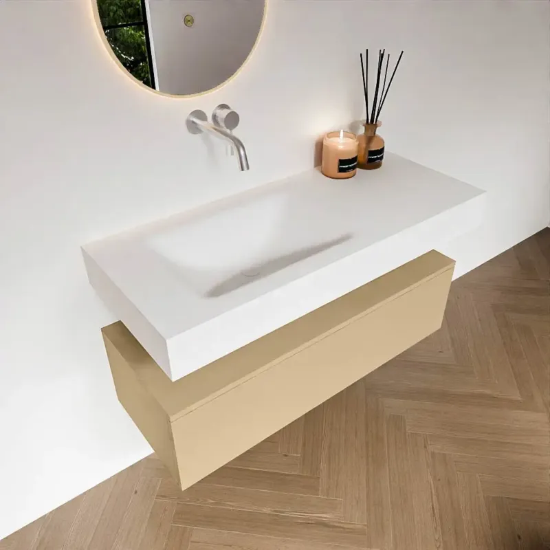 Aanbieding Zaro Alan badmeubel 110cm sand met 1 lade en vrijhangende wastafel links zonder kraangat wit mat