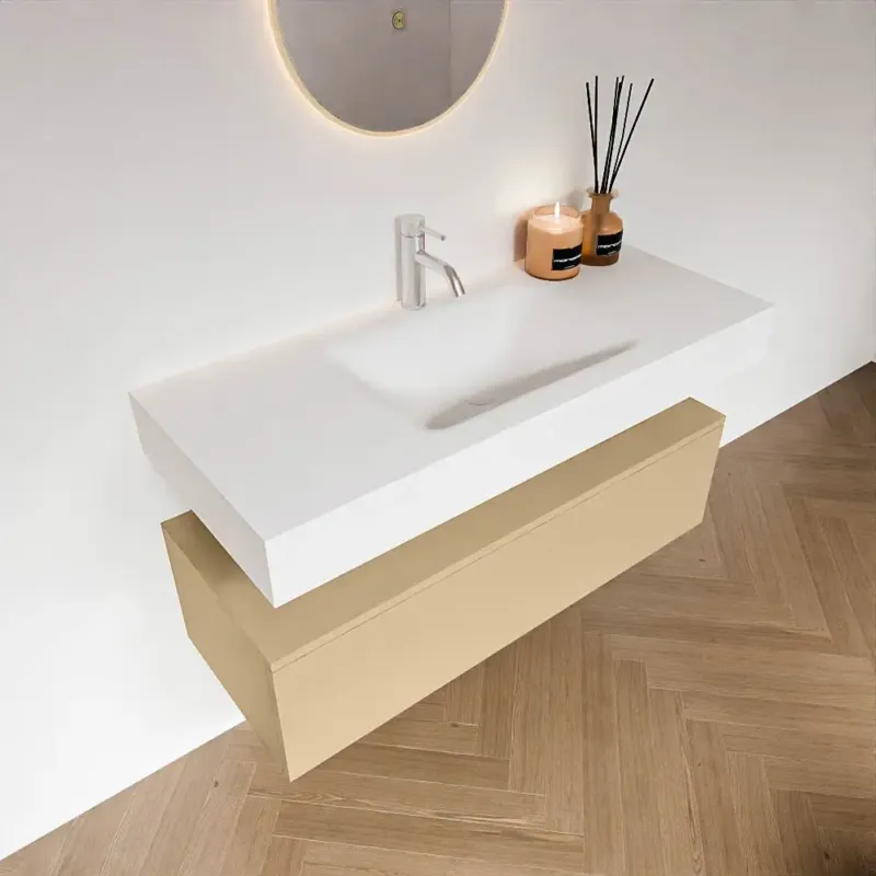 Zaro Alan badmeubel 110cm sand met 1 lade en vrijhangende wastafel midden met kraangat wit mat Speciale Aanbieding