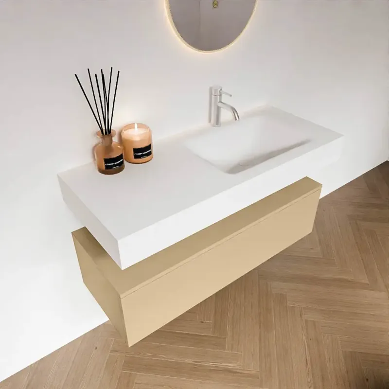 Express Levering Zaro Alan badmeubel 110cm sand met 1 lade en vrijhangende wastafel rechts met kraangat wit mat