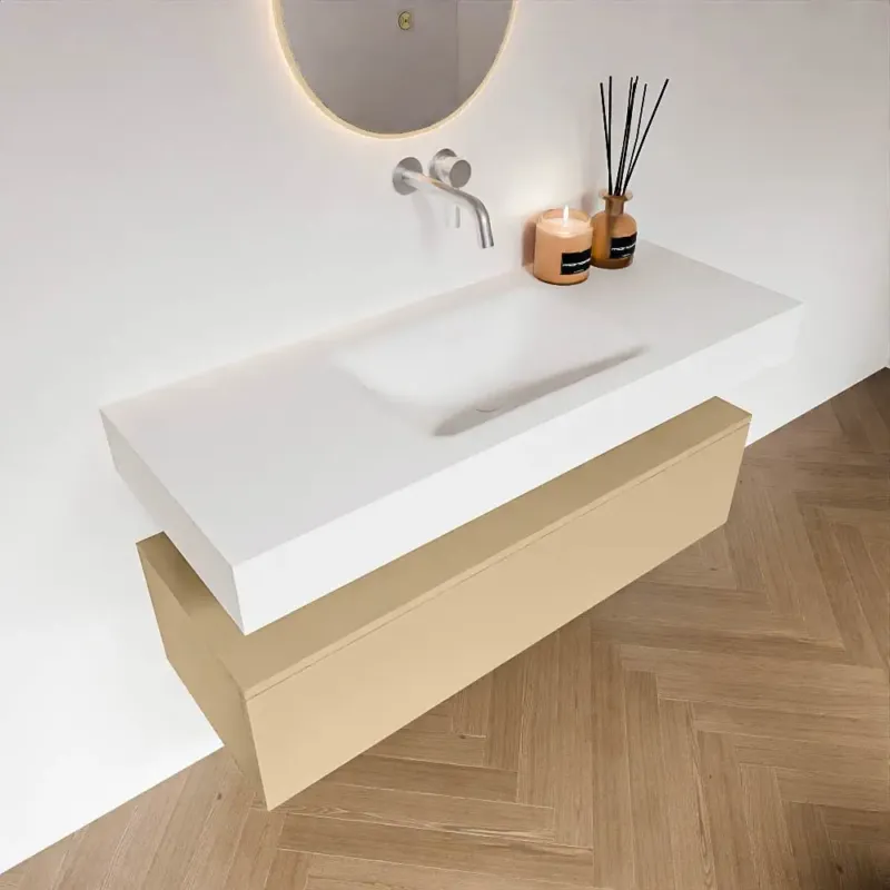Zaro Alan badmeubel 120cm sand met 1 lade en vrijhangende wastafel midden zonder kraangat wit mat Aanbieding