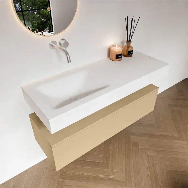 Zaro Alan badmeubel 120cm sand met 1 lade en vrijhangende wastafel links zonder kraangat wit mat Favoriet