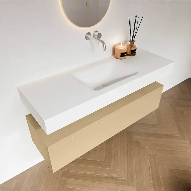 Uitverkoop Zaro Alan badmeubel 130cm sand met 1 lade en vrijhangende wastafel midden zonder kraangat wit mat