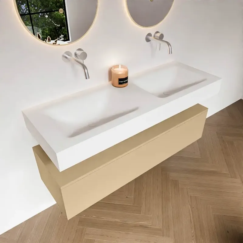 Zaro Alan badmeubel 130cm sand met 1 lade en vrijhangende wastafel dubbel zonder kraangaten wit mat Actieprijs