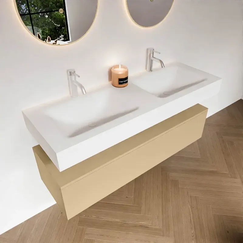Zaro Alan badmeubel 130cm sand met 1 lade en vrijhangende wastafel dubbel met 2 kraangaten wit mat Seizoensaanbieding