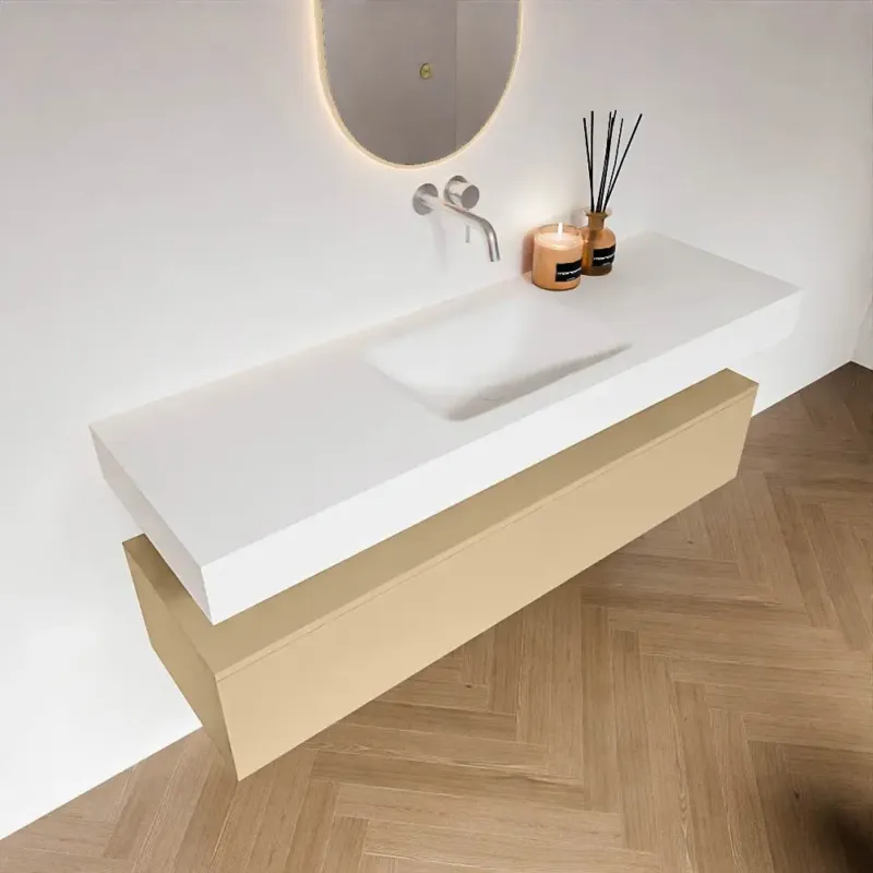 Laatste Kans Zaro Alan badmeubel 150cm sand met 1 lade en vrijhangende wastafel midden zonder kraangat wit mat