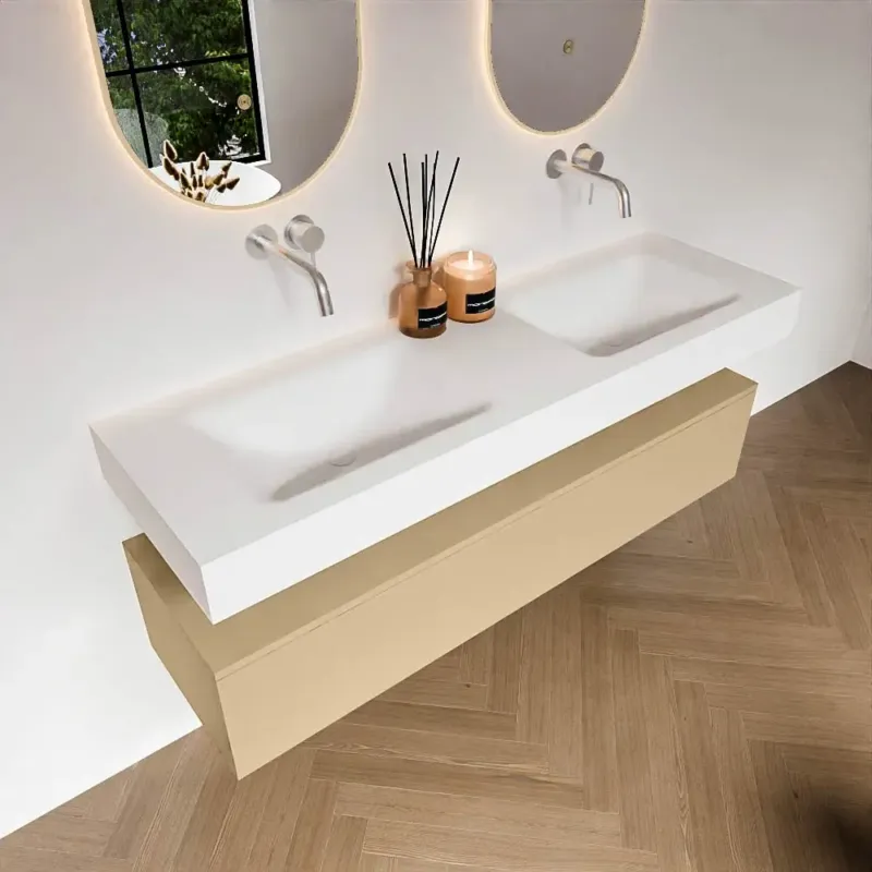 Hete Deal Zaro Alan badmeubel 150cm sand met 1 lade en vrijhangende wastafel dubbel zonder kraangaten wit mat
