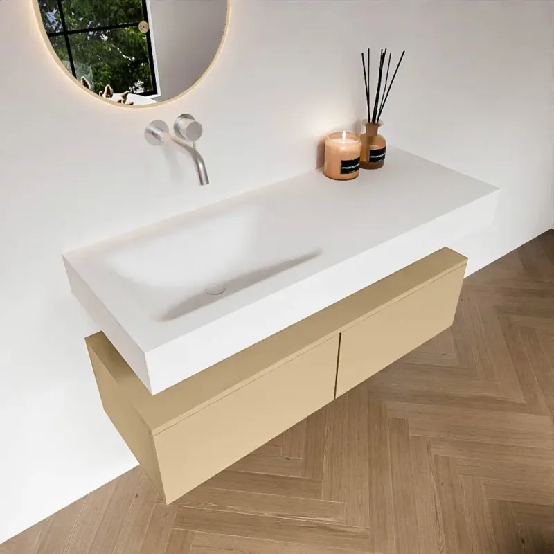 Zaro Alan badmeubel 120cm sand met 2 lades en vrijhangende wastafel links zonder kraangat wit mat Premium
