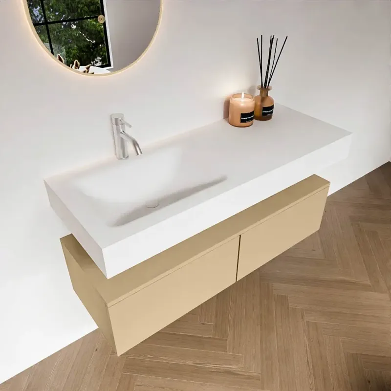 Zaro Alan badmeubel 120cm sand met 2 lades en vrijhangende wastafel links met kraangat wit mat Must-Have