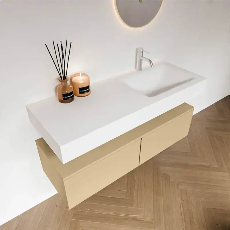 Aanbieding Zaro Alan badmeubel 120cm sand met 2 lades en vrijhangende wastafel rechts met kraangat wit mat