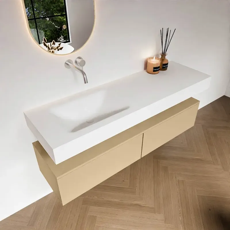 Zaro Alan badmeubel 150cm sand met 2 lades en vrijhangende wastafel links zonder kraangat wit mat Dagaanbieding