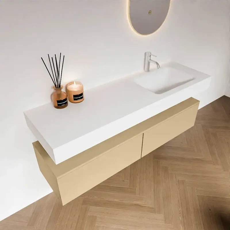 Must-Have Zaro Alan badmeubel 150cm sand met 2 lades en vrijhangende wastafel rechts met kraangat wit mat