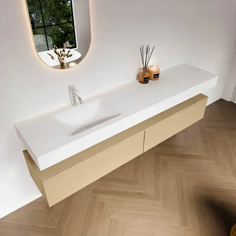 Aanbieding Zaro Alan badmeubel 200cm sand met 2 lades en vrijhangende wastafel links met kraangat wit mat