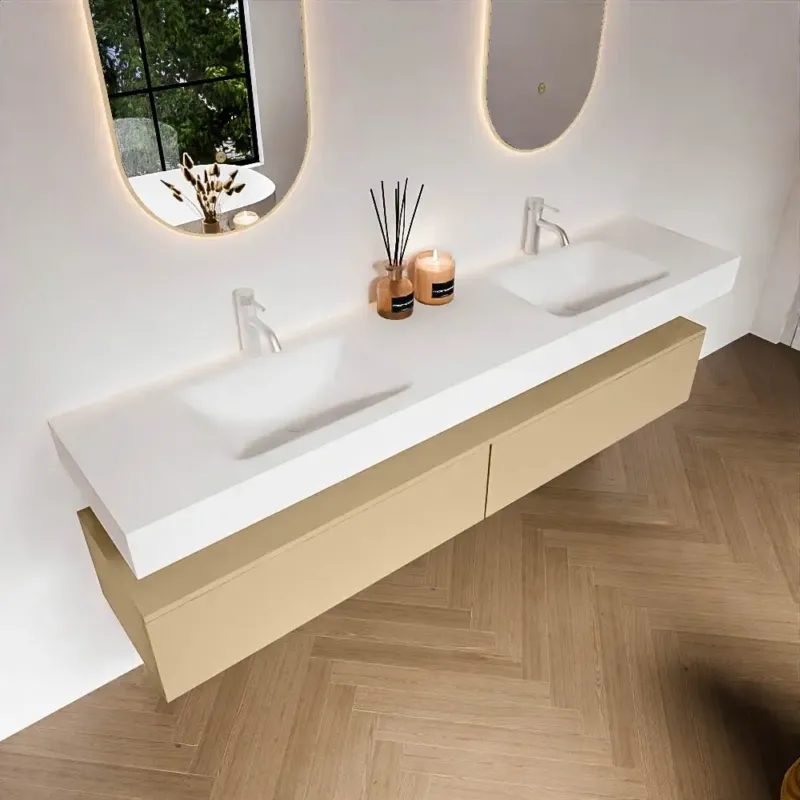 Bestseller Zaro Alan badmeubel 200cm sand met 2 lades en vrijhangende wastafel dubbel met 2 kraangaten wit mat