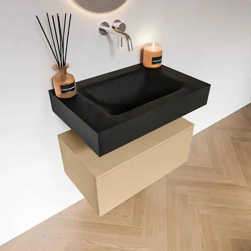 Nieuw Zaro Alan badmeubel 70cm sand met 1 lade en vrijhangende wastafel midden zonder kraangat zwart mat