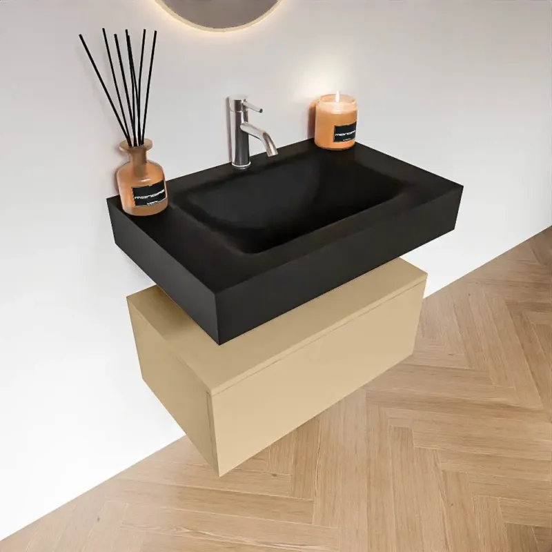 Zaro Alan badmeubel 70cm sand met 1 lade en vrijhangende wastafel midden met kraangat zwart mat Tijdelijk Beschikbaar