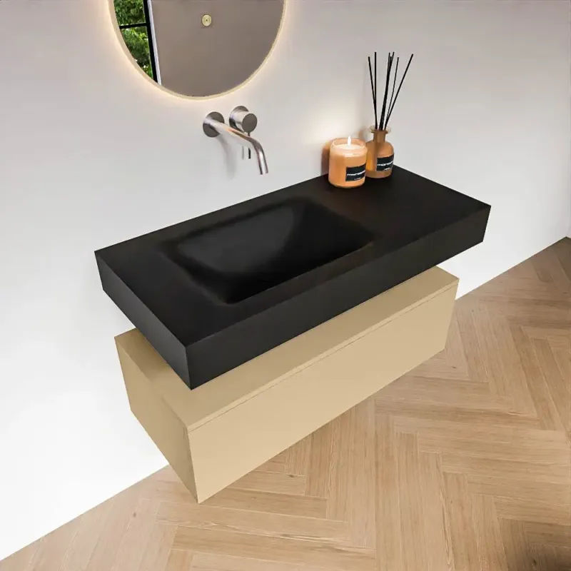 Bestseller Zaro Alan badmeubel 100cm sand met 1 lade en vrijhangende wastafel links zonder kraangat zwart mat