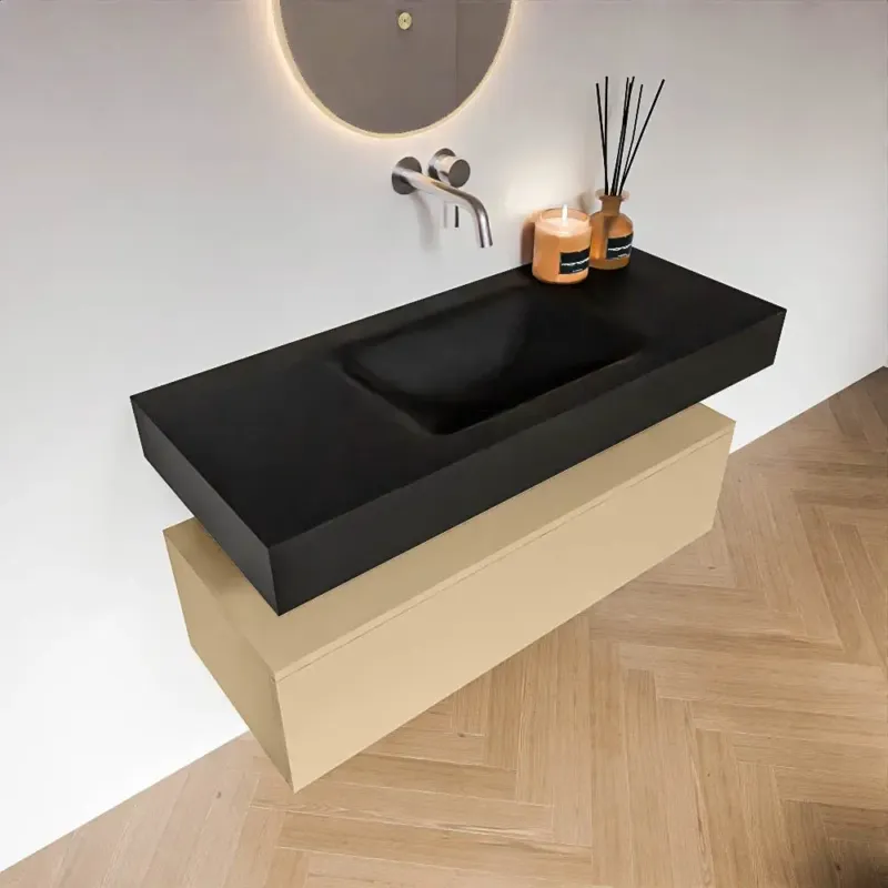 Zaro Alan badmeubel 110cm sand met 1 lade en vrijhangende wastafel midden zonder kraangat zwart mat Gratis Retour