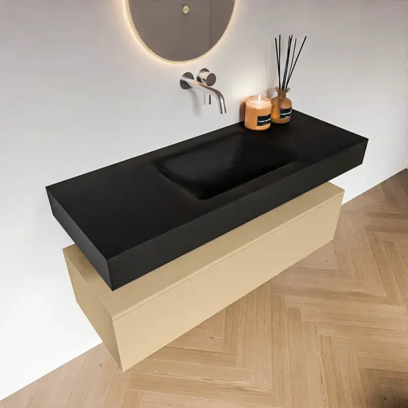 Express Levering Zaro Alan badmeubel 120cm sand met 1 lade en vrijhangende wastafel midden zonder kraangat zwart mat