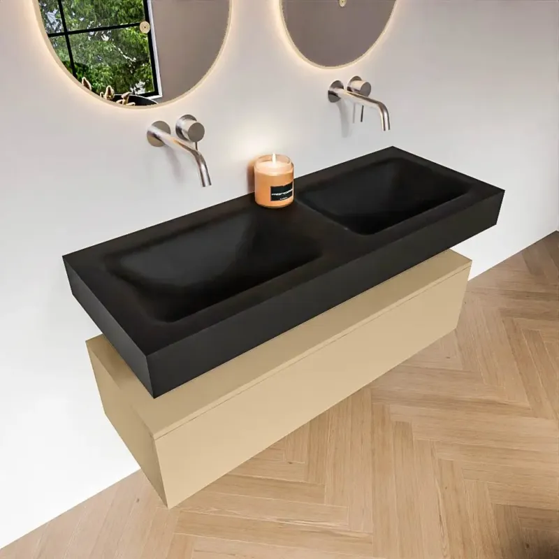Zaro Alan badmeubel 120cm sand met 1 lade en vrijhangende wastafel dubbel zonder kraangaten zwart mat Must-Have