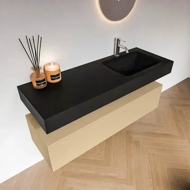 Zaro Alan badmeubel 130cm sand met 1 lade en vrijhangende wastafel rechts met kraangat zwart mat Premium