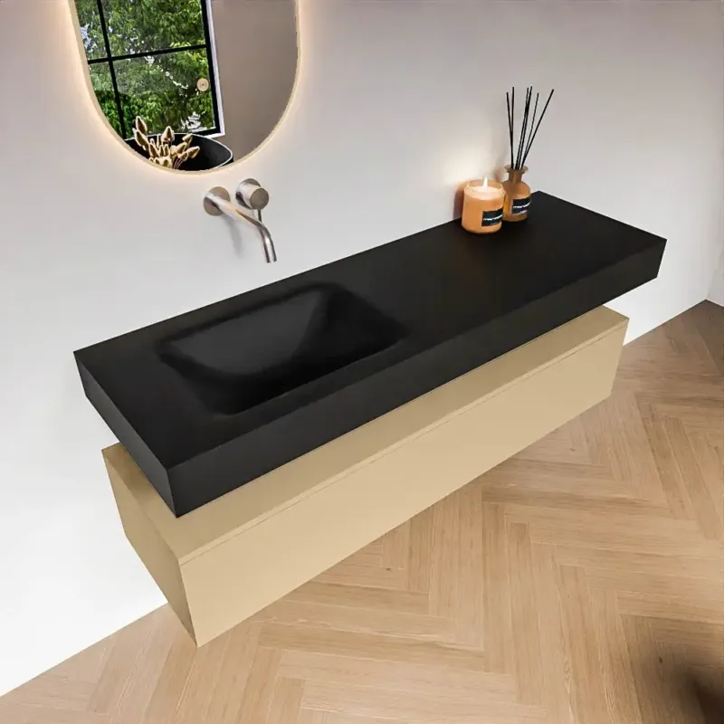 Lage Prijs Zaro Alan badmeubel 150cm sand met 1 lade en vrijhangende wastafel links zonder kraangat zwart mat