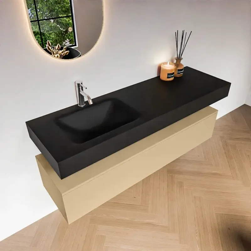 Aanbieding Zaro Alan badmeubel 150cm sand met 1 lade en vrijhangende wastafel links met kraangat zwart mat