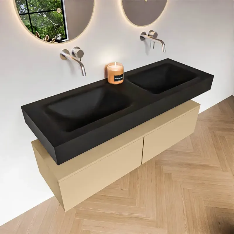 Zaro Alan badmeubel 130cm sand met 2 lades en vrijhangende wastafel dubbel zonder kraangaten zwart mat Premium