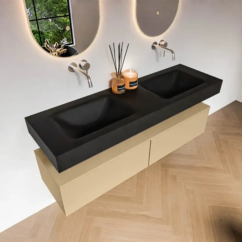 Zaro Alan badmeubel 150cm sand met 2 lades en vrijhangende wastafel dubbel zonder kraangaten zwart mat Dagaanbieding