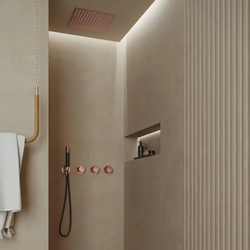 Veilige Betaling Saniclear Plus Pro inbouw regendouche met inbouw douchekop 30x30cm en staafhanddouche geborsteld koper