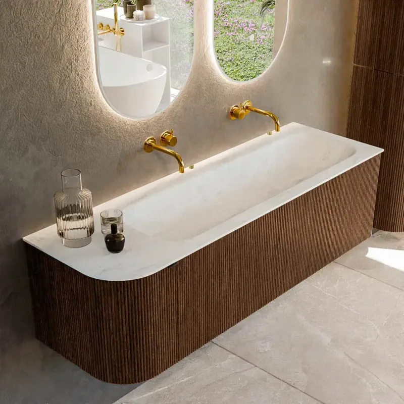 Koopje Mondiaz Kurve-dlux 145cm badmeubel ronding links walnut met 1 lade en deur en wastafel big large rechts zonder kraangat opalo