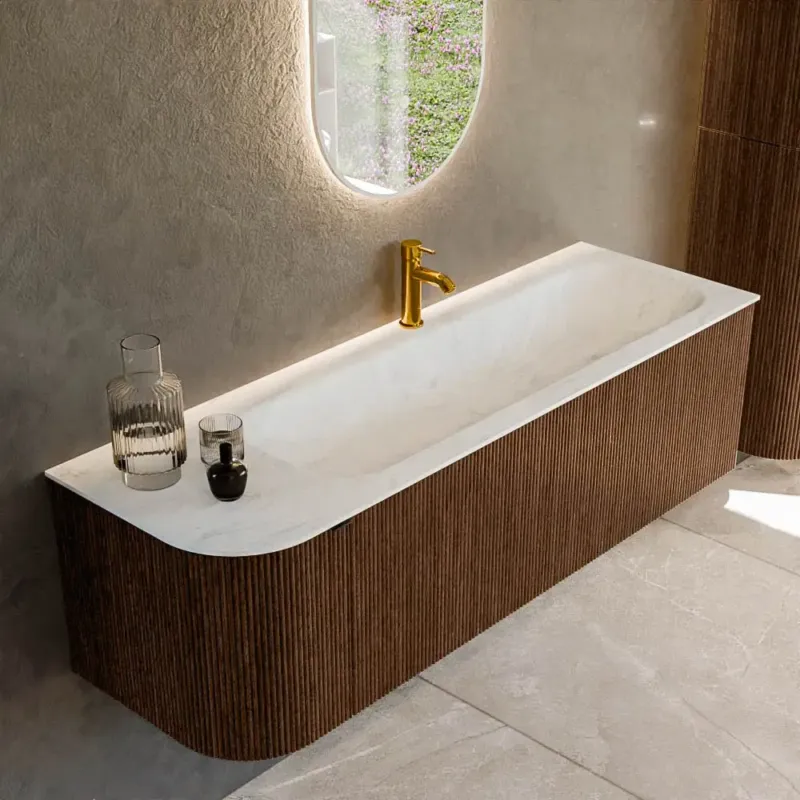 Must-Have Mondiaz Kurve-dlux 145cm badmeubel ronding links walnut met 1 lade en deur en wastafel big large kraangat rechts opalo