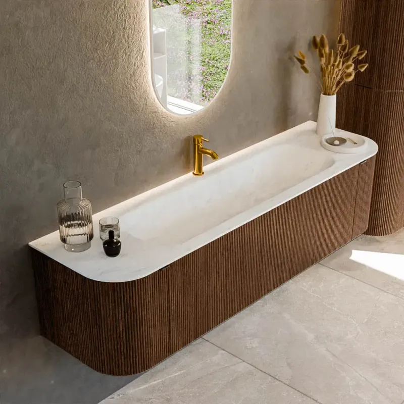 Mondiaz Kurve-dlux 170cm badmeubel ronding links/rechts walnut met 1 lade en 2 deuren en wastafel big large midden 1 kraangat opalo Shop Nu