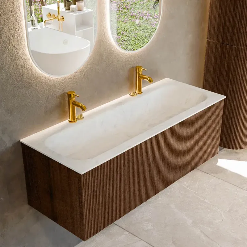 Mondiaz Kurve-dlux 120cm badmeubel walnut met 1 lade en wastafel big large midden 2 kraangaten opalo Veilige Betaling