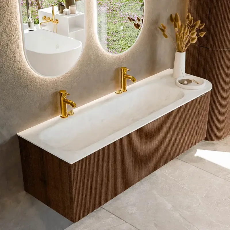 Mondiaz Kurve-dlux 145cm badmeubel ronding rechts walnut met 1 lade en deur en wastafel big large links 2 kraangaten opalo Rechtstreeks Van De Fabrikant