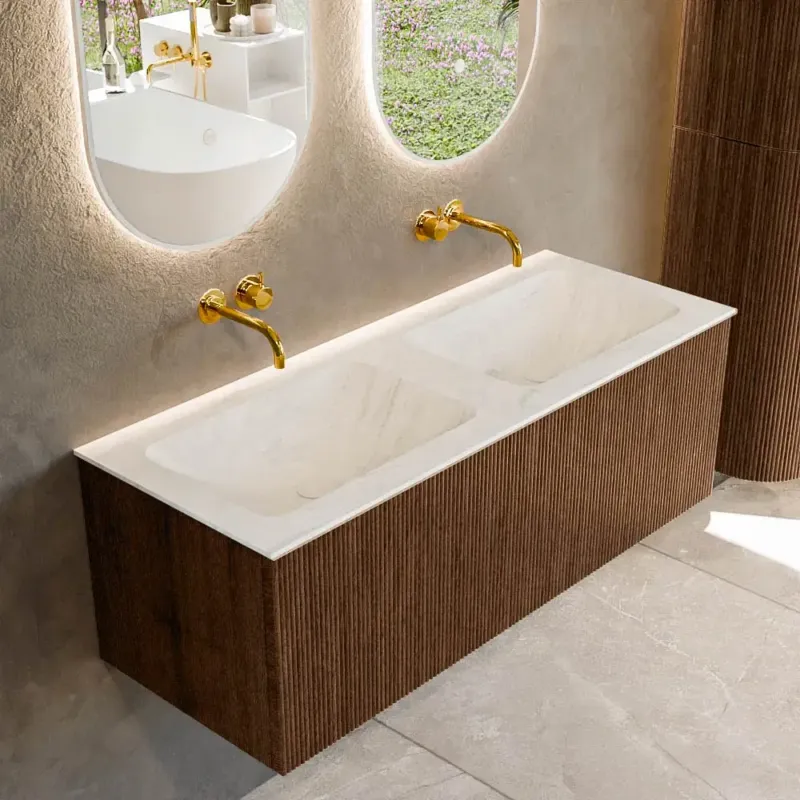 Shop Nu Mondiaz Kurve-dlux 120cm badmeubel walnut met 1 lade en wastafel leaf dubbel zonder kraangat opalo