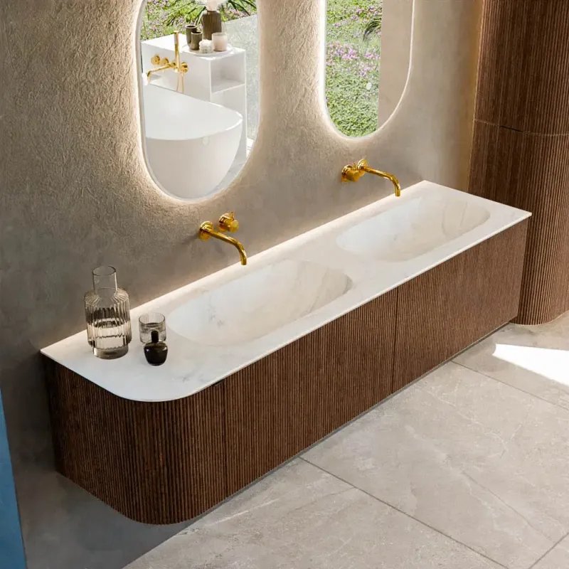 Alleen Vandaag Mondiaz Kurve-dlux 175cm badmeubel ronding links walnut met 2 lades en 1 deur en wastafel stor small dubbel/rechts zonder kraangat opalo