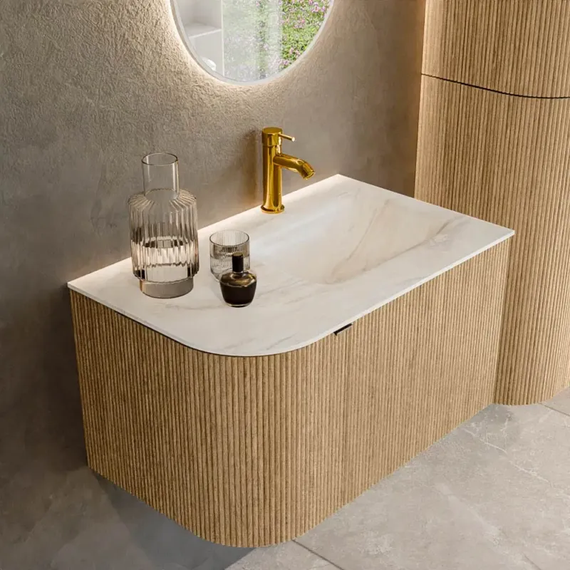 Korting Mondiaz Kurve-dlux 75cm badmeubel ronding links oak met 1 lade en deur en wastafel grunne kraangat rechts ostra