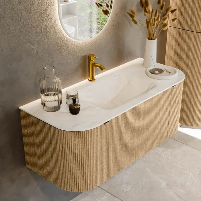 Dagaanbieding Mondiaz Kurve-dlux 110cm badmeubel ronding links/rechts oak met 1 lade en 2 deuren en wastafel cloud midden 1 kraangat ostra