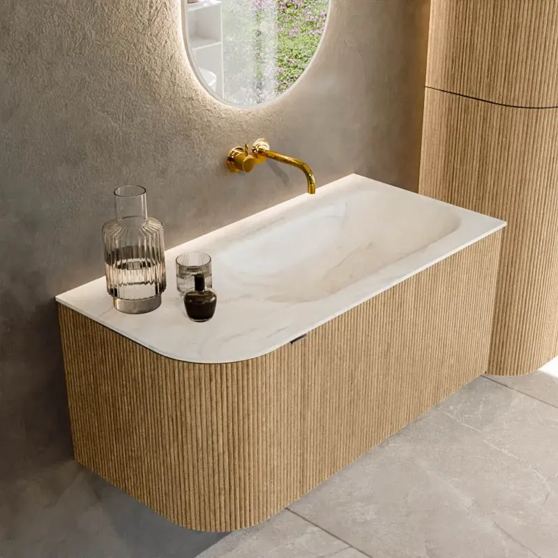 Voordeelprijs Mondiaz Kurve-dlux 95cm badmeubel ronding links oak met 1 lade en deur en wastafel big small rechts zonder kraangat ostra