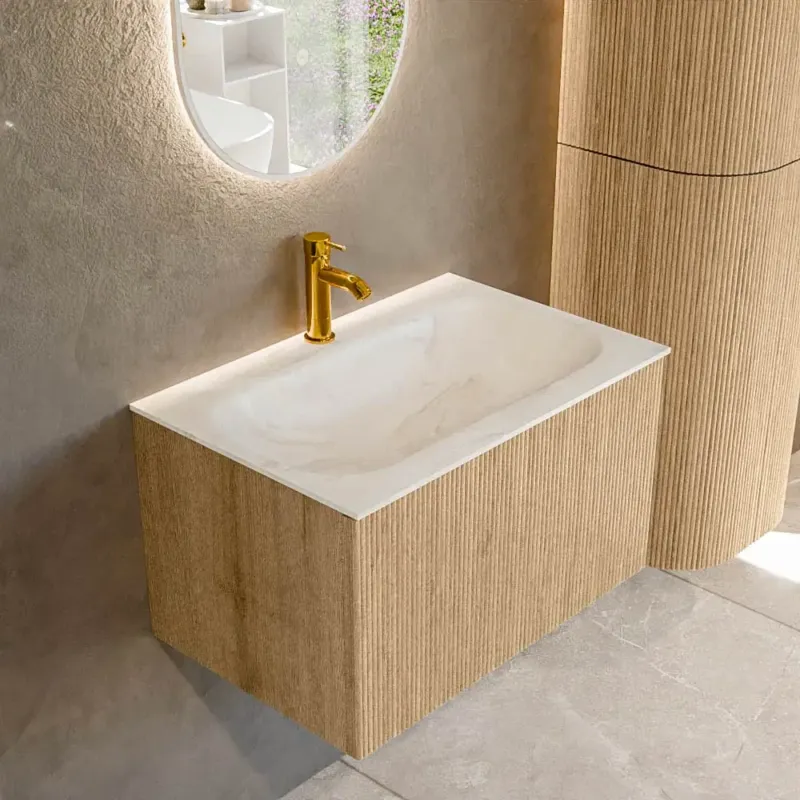Must-Have Mondiaz Kurve-dlux 70cm badmeubel oak met 1 lade en wastafel big small midden 1 kraangat ostra