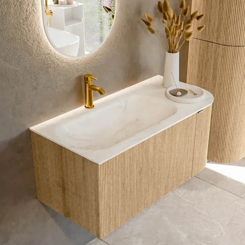 Mondiaz Kurve-dlux 95cm badmeubel ronding rechts oak met 1 lade en deur en wastafel big small kraangat links ostra Bestel Nu