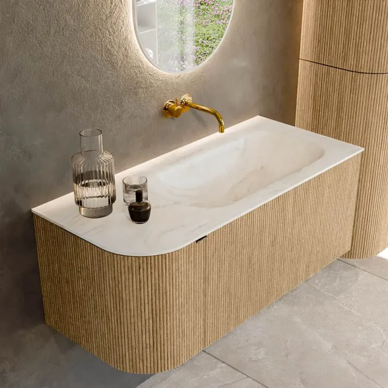 Mondiaz Kurve-dlux 105cm badmeubel ronding links oak met 1 lade en deur en wastafel big small rechts zonder kraangat ostra Snelle Levering
