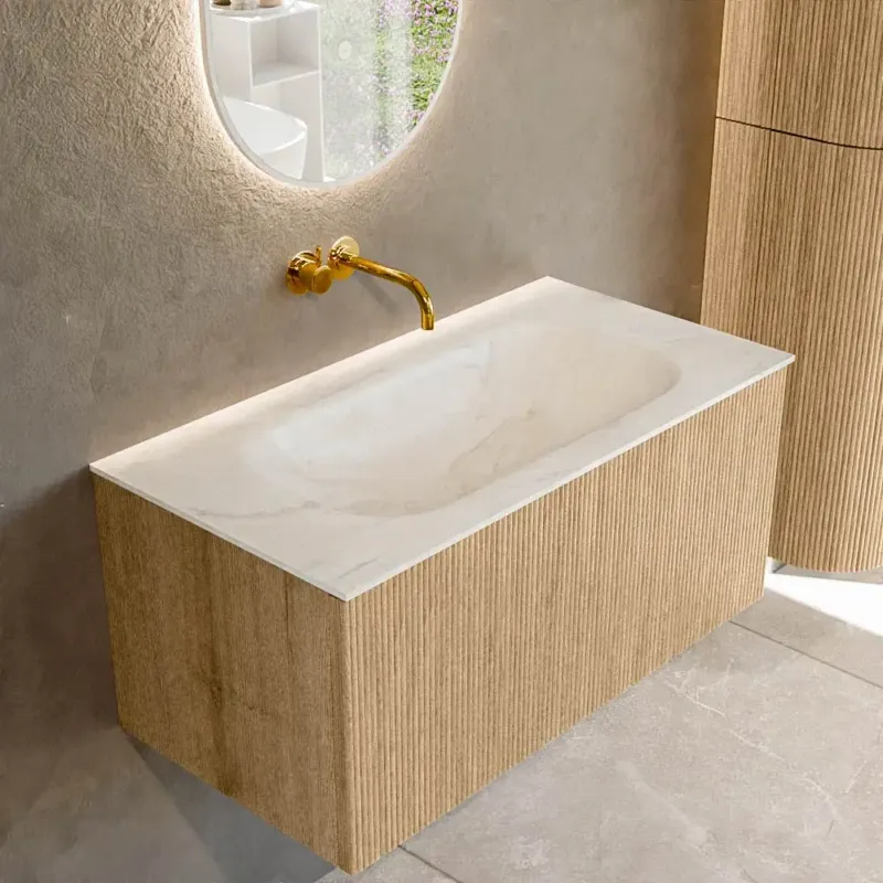 Aanbieding Mondiaz Kurve-dlux 90cm badmeubel oak met 1 lade en wastafel big small midden zonder kraangat ostra